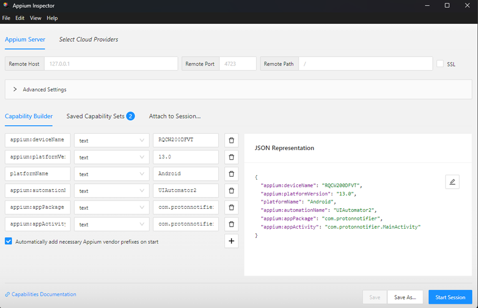 Appium Inspector - Capabilities do app Proton Notification
