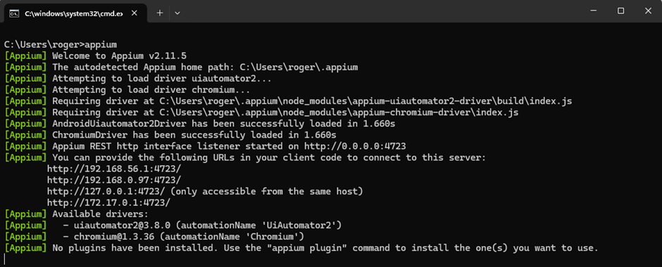 Terminal Windows - Comando para iniciar o Appium