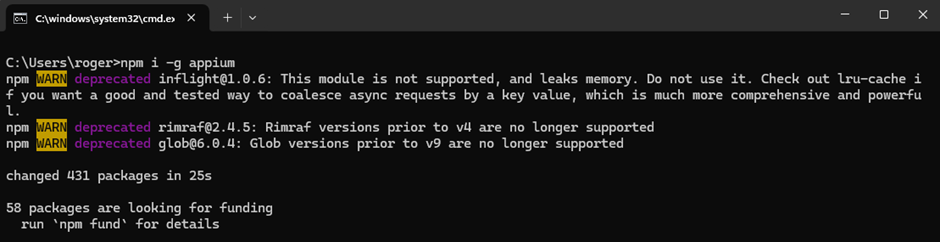 Terminal Windows - Comando de instalação Appium