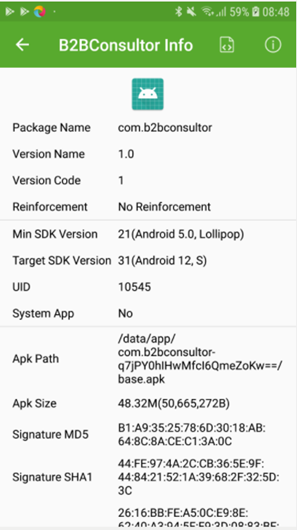 App DevTools - Informações do aplicativo