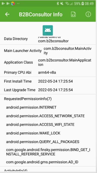 App DevTools - Informações do aplicativo