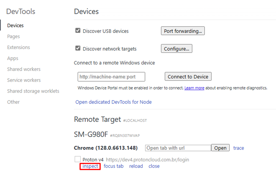 DevTools do navegador - Destaque: Botão de inspecionar página web do dispositivo móvel