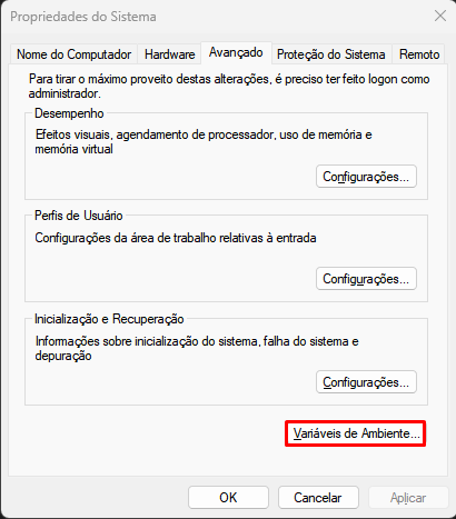 Botão para acessar variáveis do ambiente