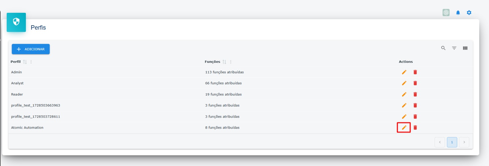Lista de perfis - Destaque: Botão para editar perfil