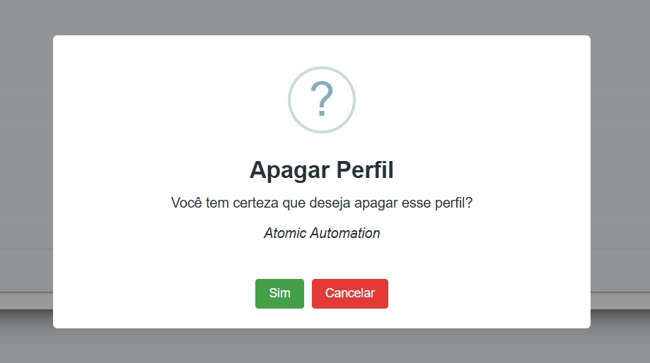 Modal de confirmação para exclusão do perfil