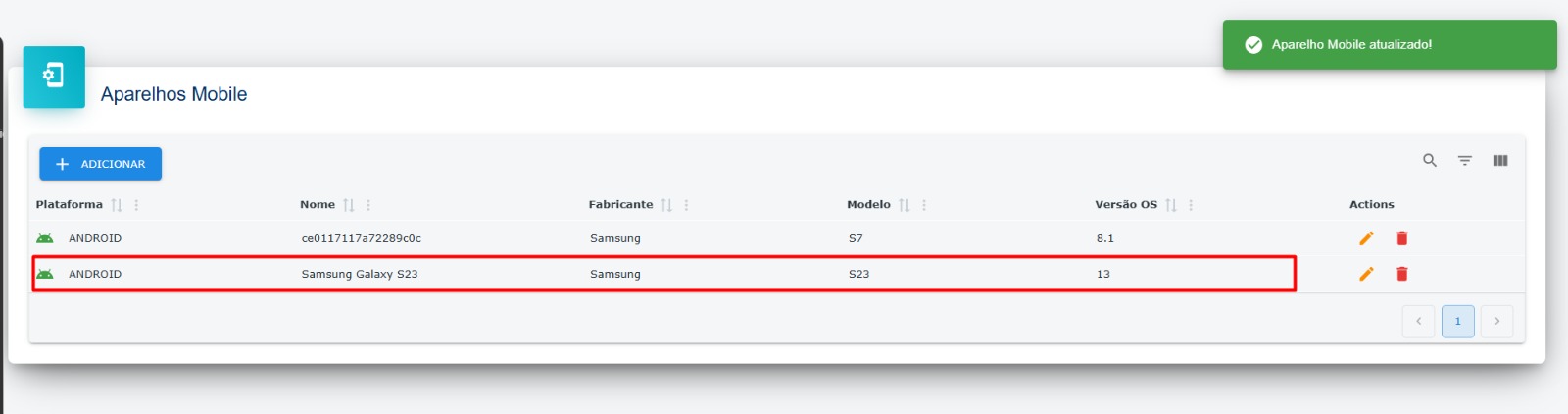 Lista de aparelhos - Destaque: Aparelho adicionado
