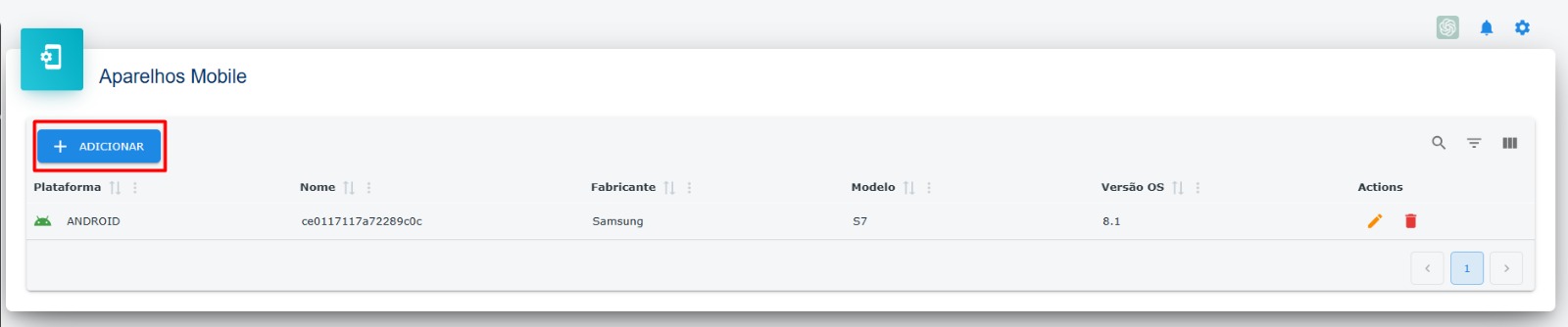 Lista de aparelhos - Destaque: Botão adicionar aparelho