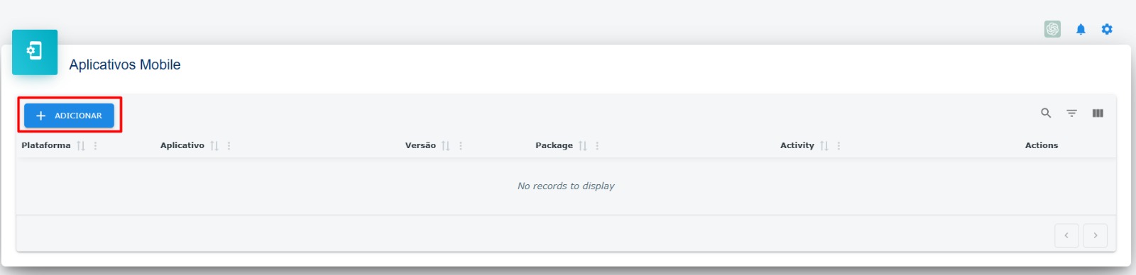 Lista de aplicativos - Destaque: Botão adicionar