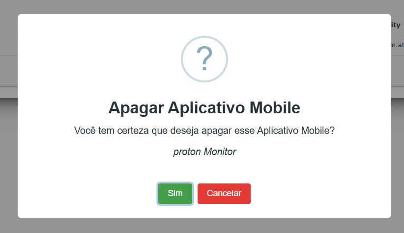Modal de confirmação para exclusão do aplicativo