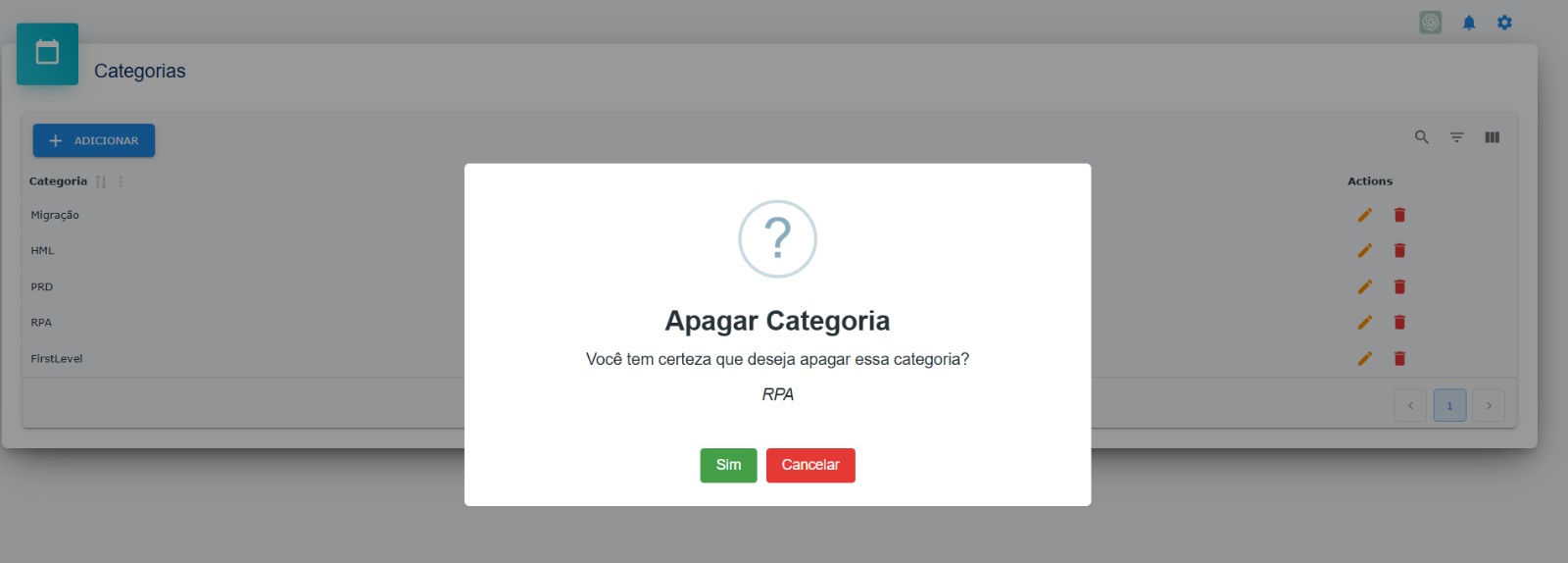 Modal para confirmação de exclusão da categoria