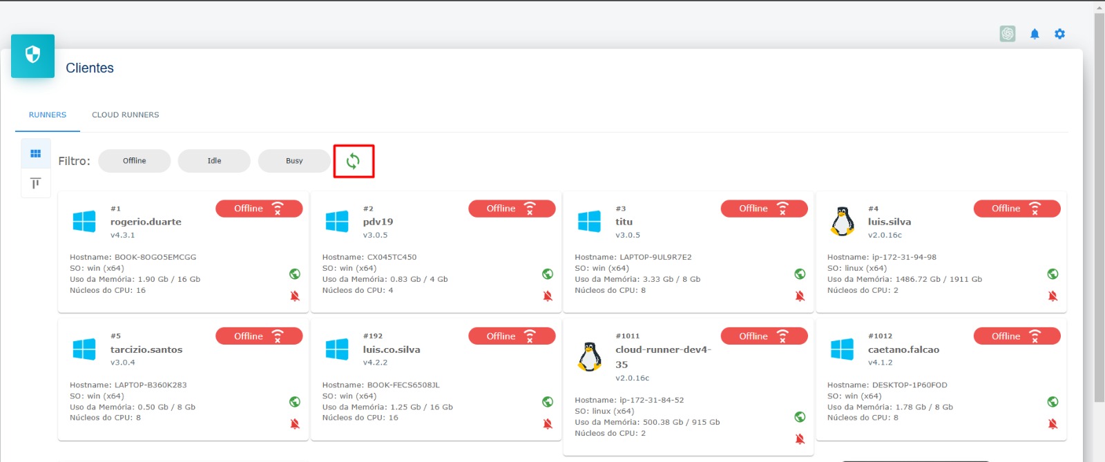 Lista de clients - Destaque: Botão para atualizar a lista de clients