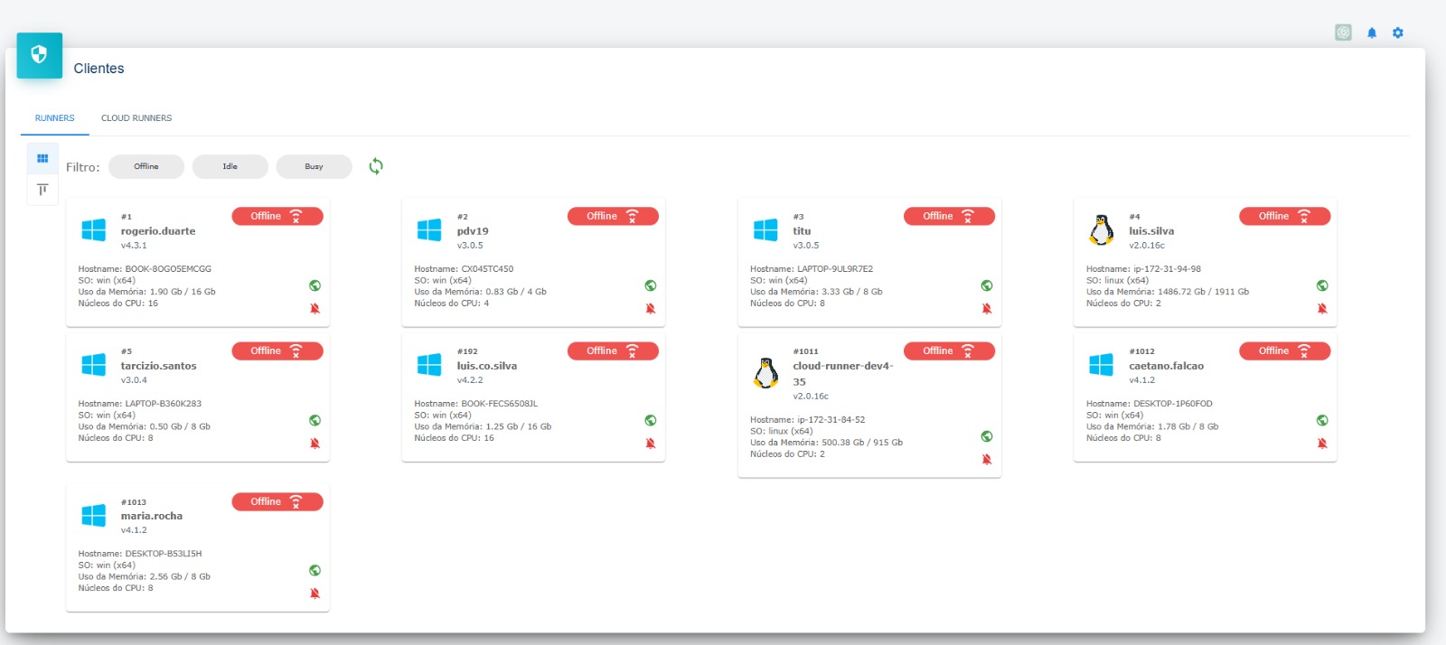 Lista de clients - Destaque: Todos os filtros desabilitados
