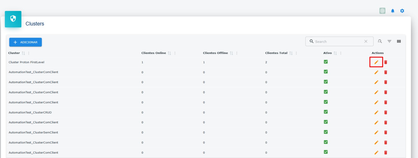Lista de clusters - Destaque: Cluster incluído