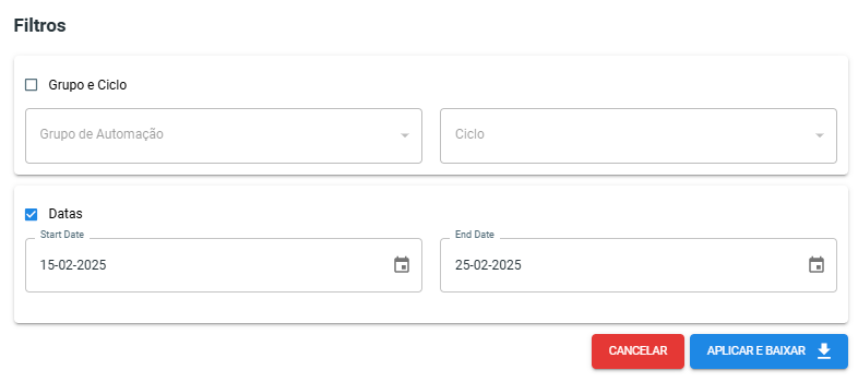 Filtros disponíveis para o relatório