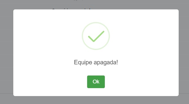 Mensagem de confirmação de exclusão da equipe