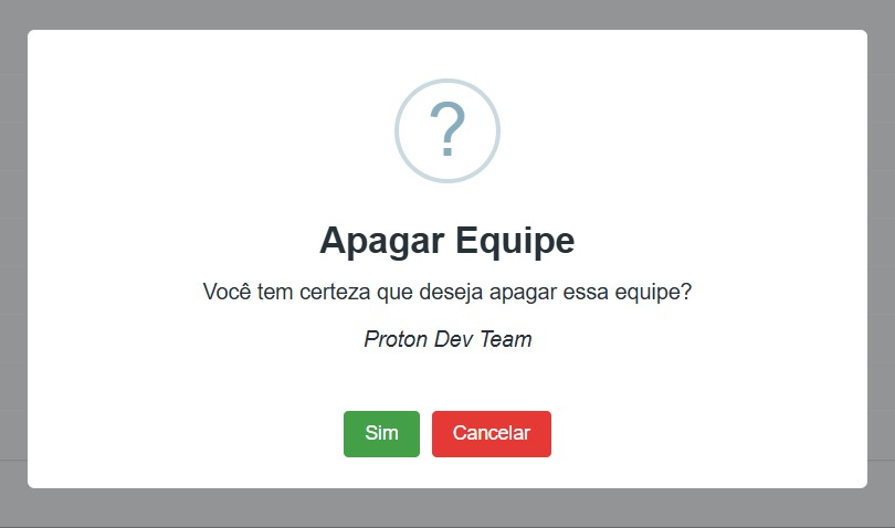 Modal para confirmação de exclusão da equipe