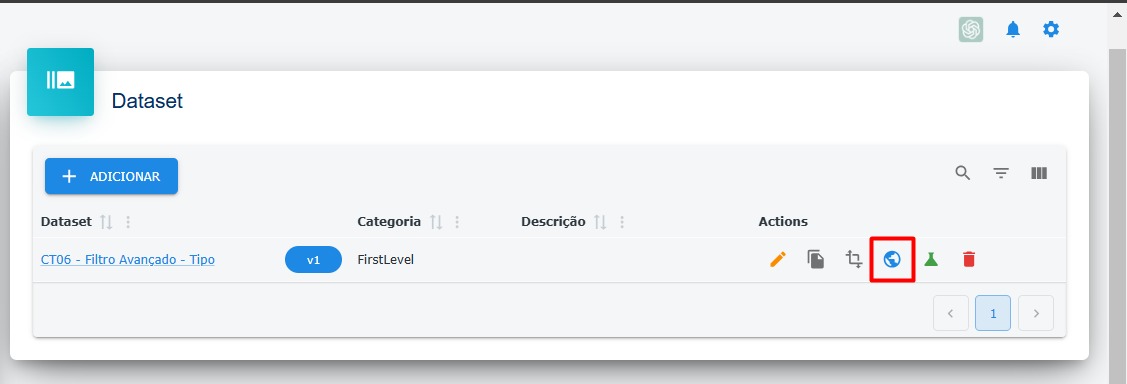 Lista de datasets - Destaque: Botão de parâmetros globais