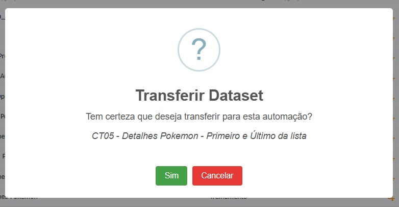 Modal para confirmação de transferência do dataset