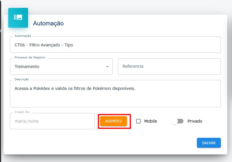 Edição de informações da automação - Destaque: Botão para seleção de agentes