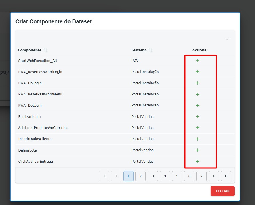 Modal de seleção dos componentes - Destaque: Botão adicionar