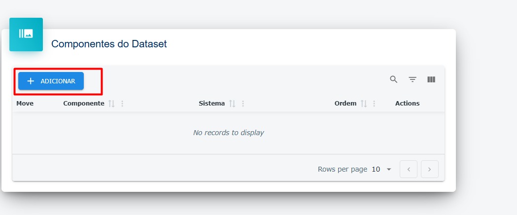 Detalhes do dataset - Destaque: Botão adicionar componente