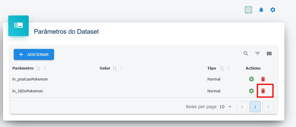 Parâmetros do dataset - Destaque: Botão excluir associação do parâmetro