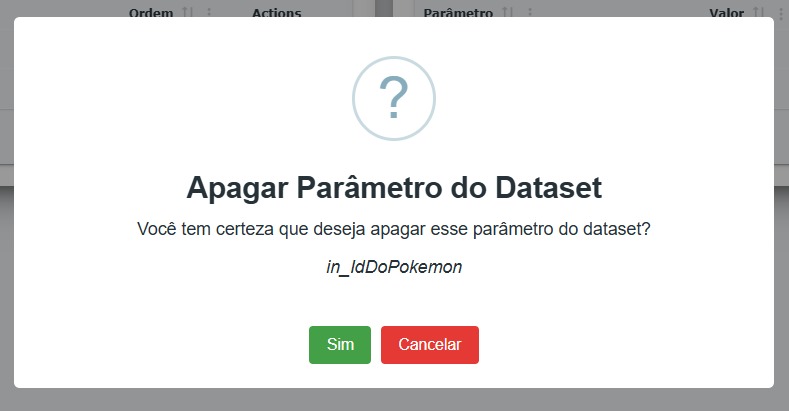 Modal para confirmação da exclusão do parâmetro do datas