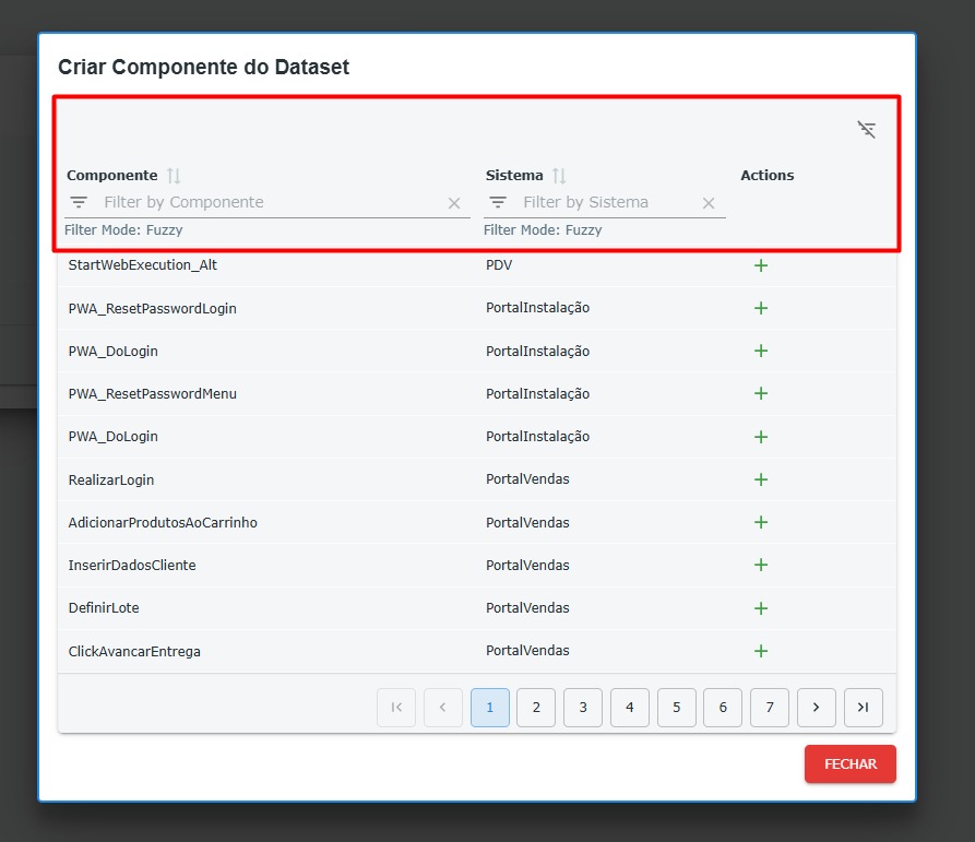 Modal de seleção dos componentes - Destaque: Filtros