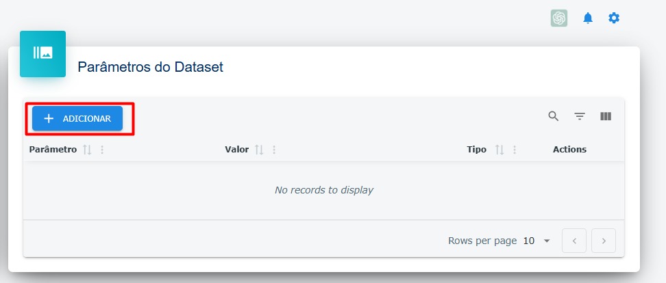 Parâmetros do dataset - Destaque: Botão adicionar parâmetro