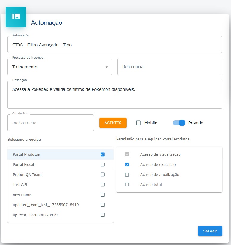 Edição de informações da automação - Destaque: Modo privado