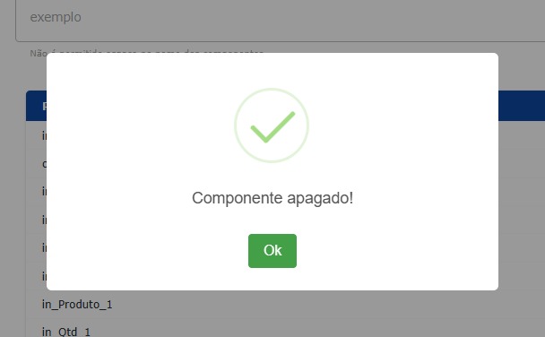 Confirmação de exclusão do componente