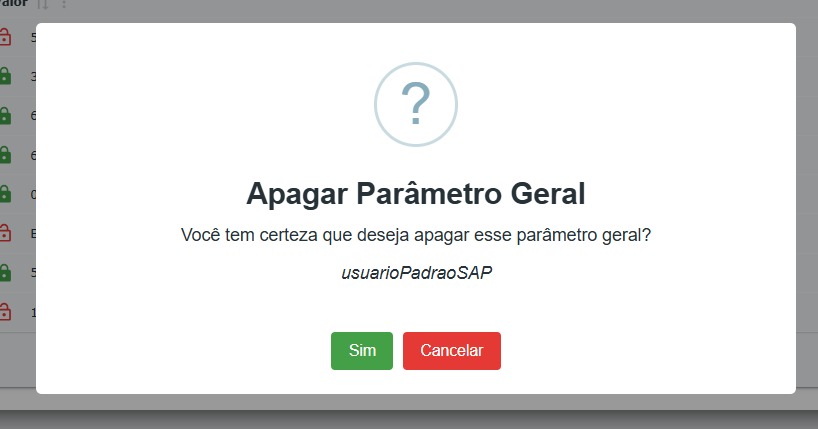 Modal para confirmação de exclusão do parâmetro