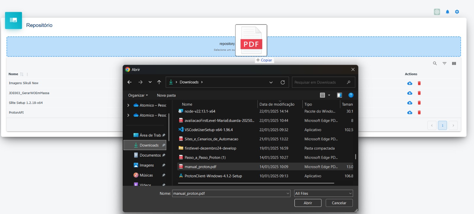 Repositório de arquivos - Destaque: Envio de arquivo via click e arraste