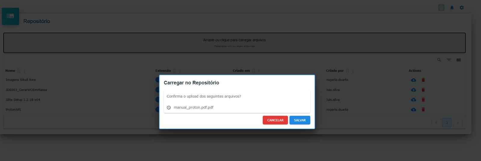 Modal de confirmação para upload do arquivo
