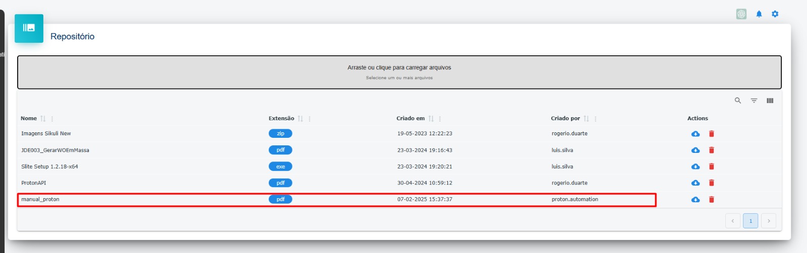 Lista de arquivos do repositório – Destaque: Upload realizado
