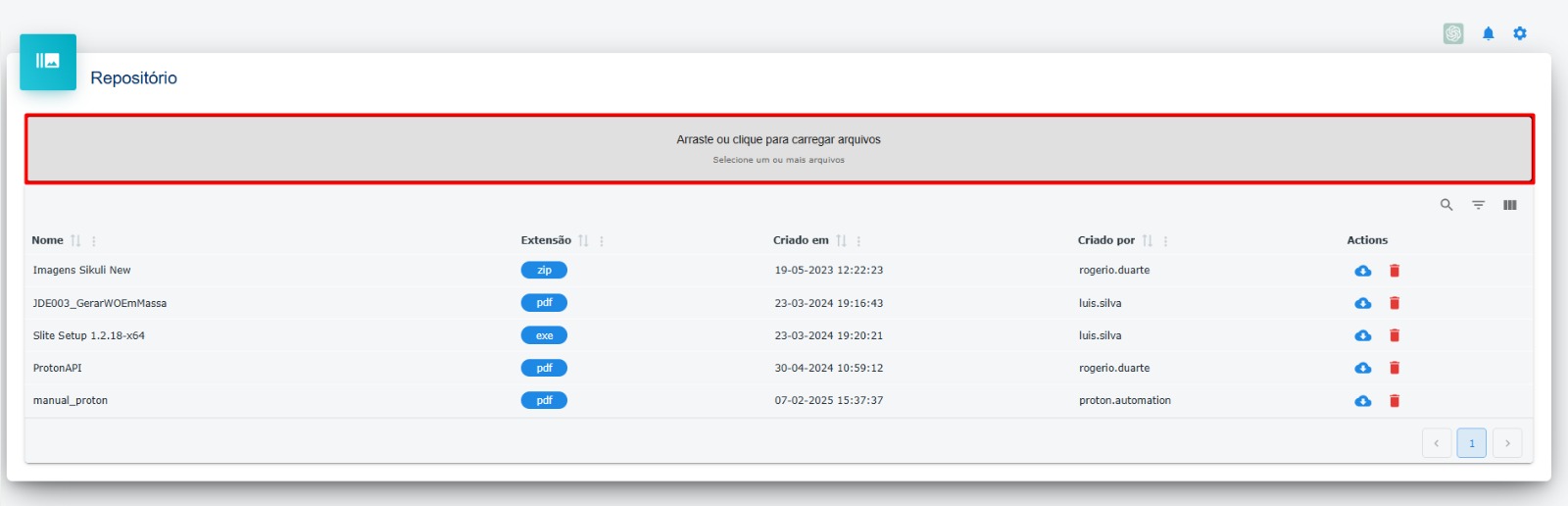 Lista de arquivos do repositório - Destaque: Área para upload de arquivo