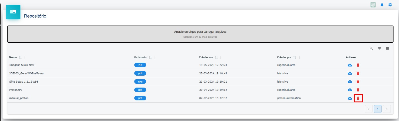 Lista de arquivos do repositório - Destaque: Botão de apagar arquivo