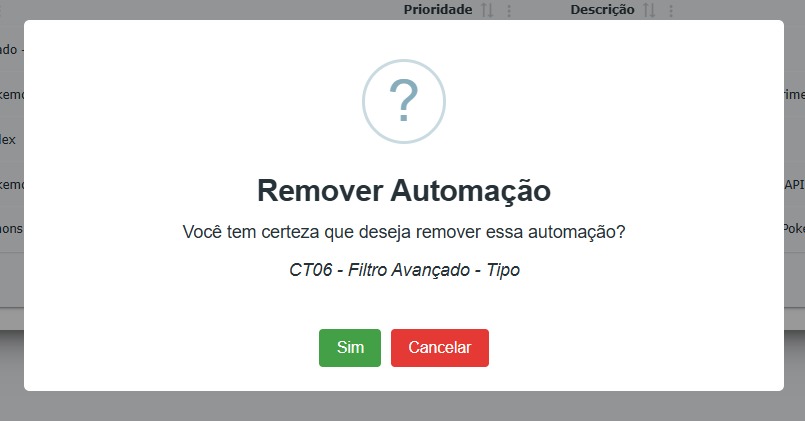 Modal para confirmação de exclusão da automação no ciclo