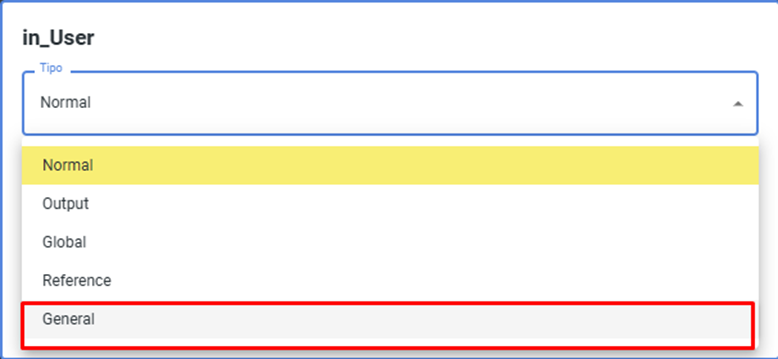Escolha do tipo de parâmetro para 'in_User'- Destaque: General (Geral)