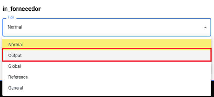 Escolha do tipo de parâmetro para 'in_fornecedor' - Destaque: Output