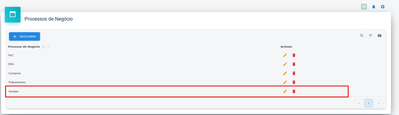 Página de processos de negócio