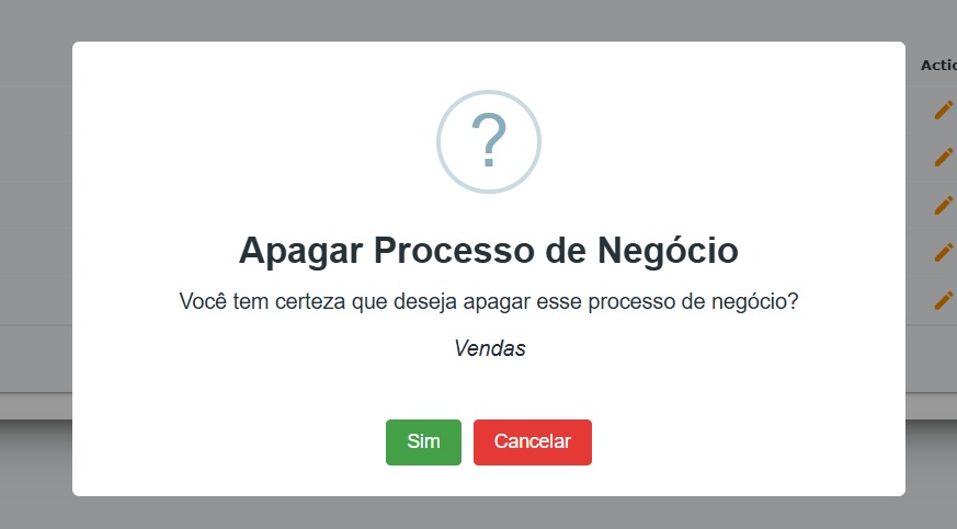 Modal para confirmação de exclusão do processo de negócio