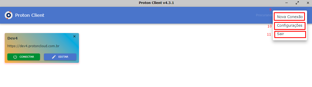 Proton Client - Destaque: Menu de opções
