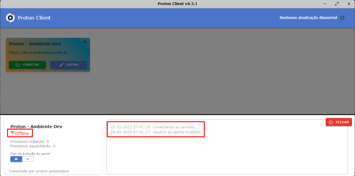 Proton Client - Problema de conexão – Usuário/Senha inválido