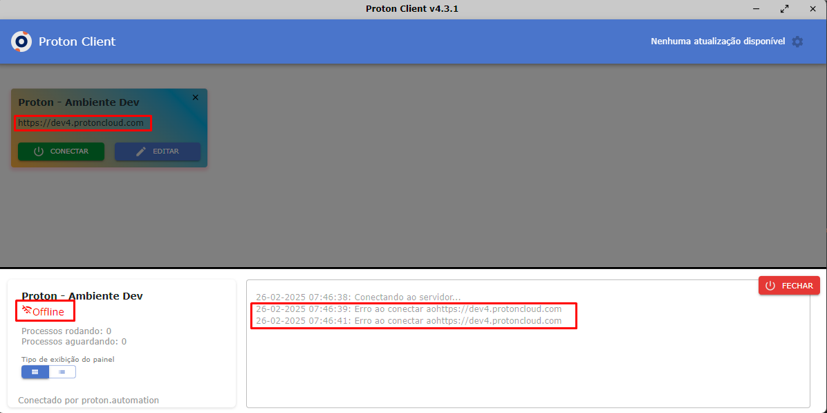 Proton Client - Problema de conexão – Servidor incorreto