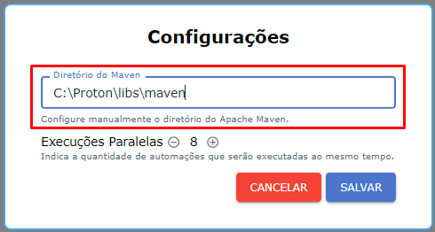 Settings do Proton Client - Destaque: Path do maven