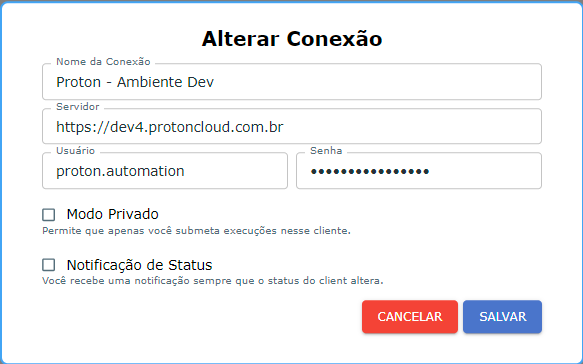 Formulário de edição da conexão