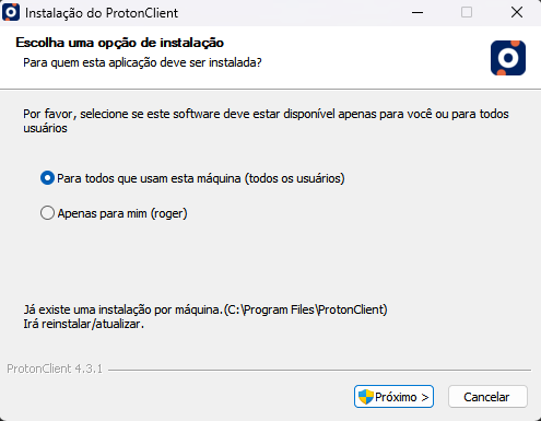Assistente de instalação Proton Client - Etapa: Usuário alvo da instalação