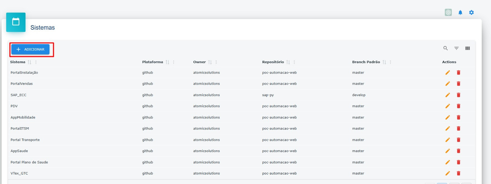 Repositório Git - Destaque: Botão adicionar