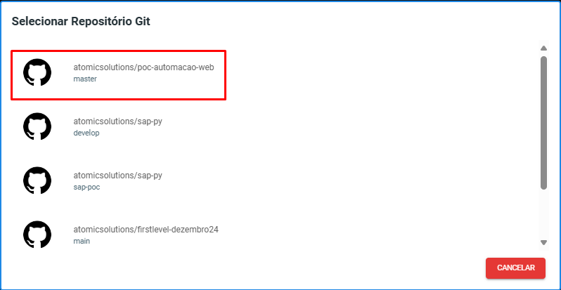Seleção de repositório git